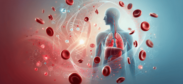 Red blood cells and iron molecules in a bloodstream with a faint human silhouette, highlighting ferritin's role in iron storage.